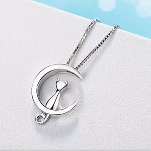 New 925 Sterling Silver Cat & Crescent Moon adjustable Necklace